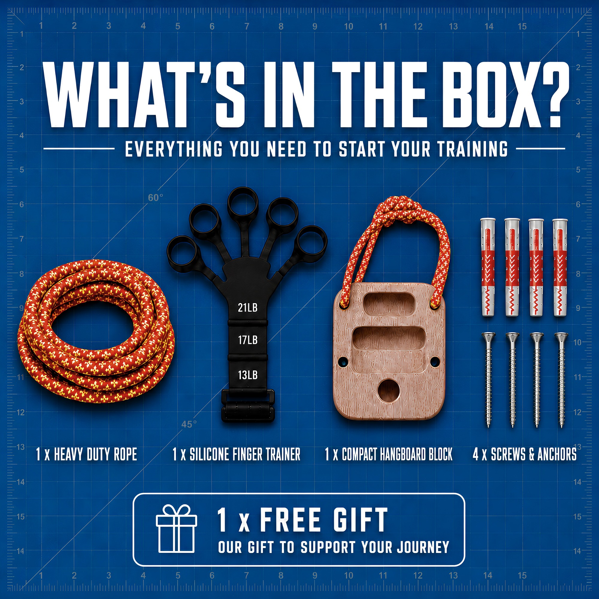 Portable hangboard box contents