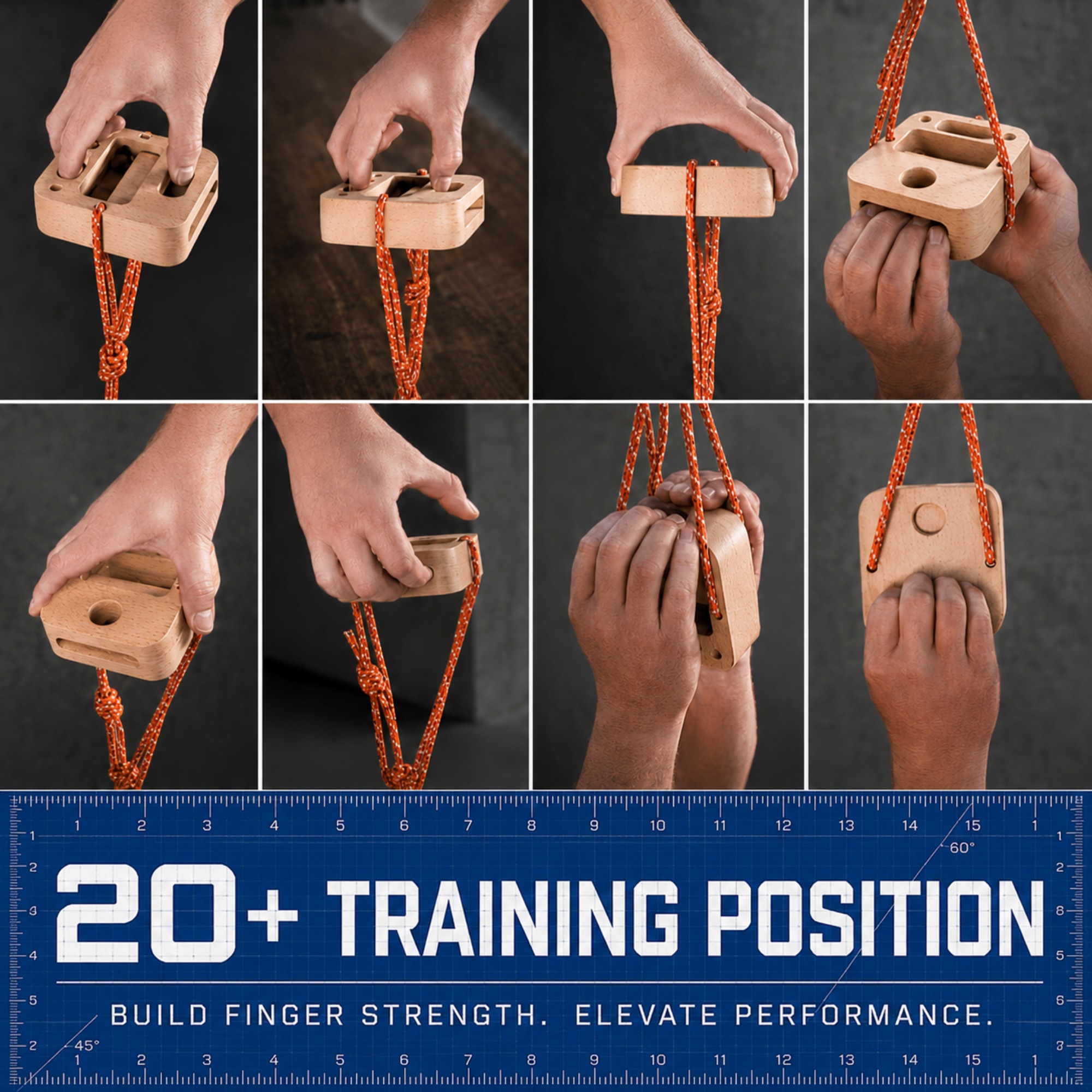 Multiple training positions shown on the portable hangboard