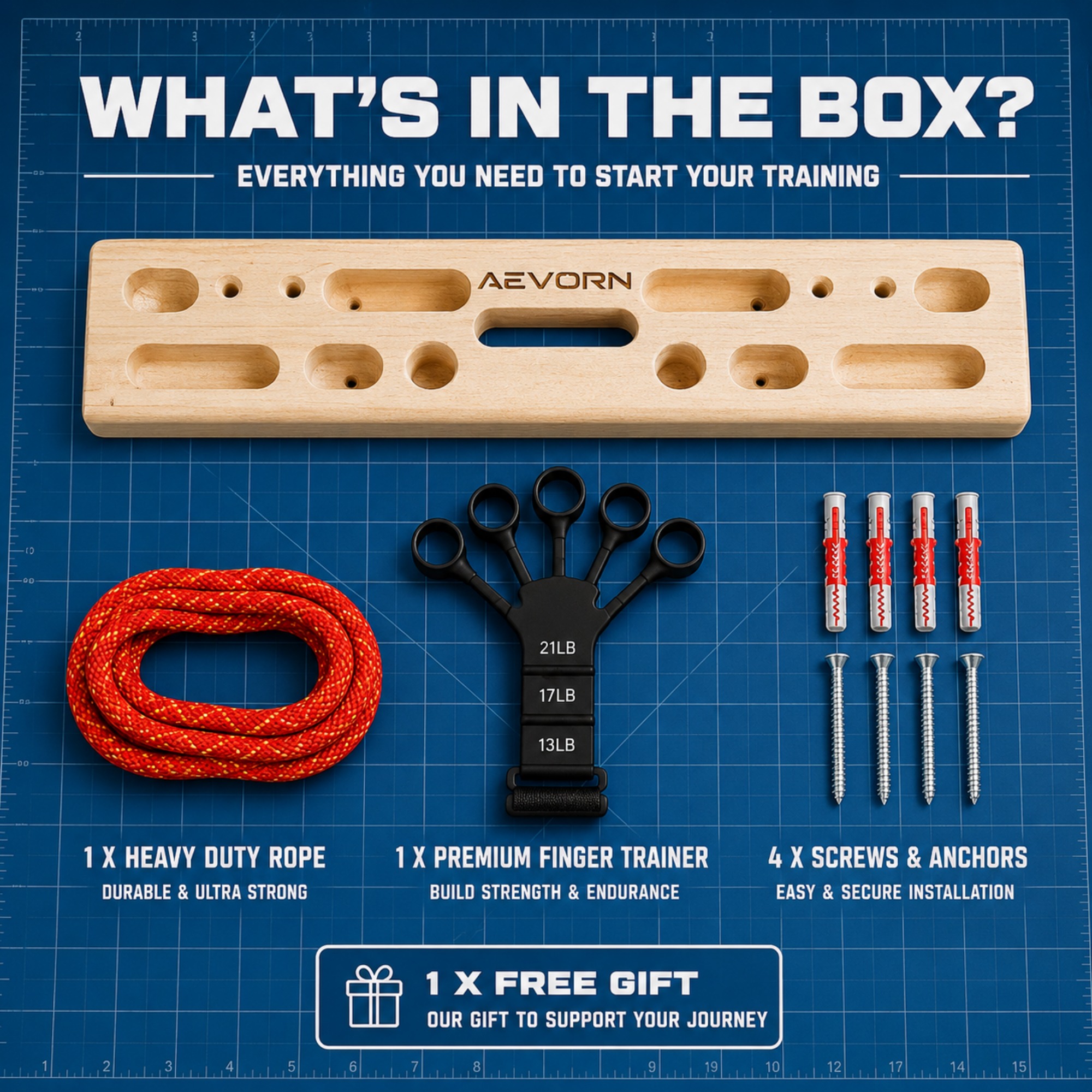 Full-size hangboard box contents