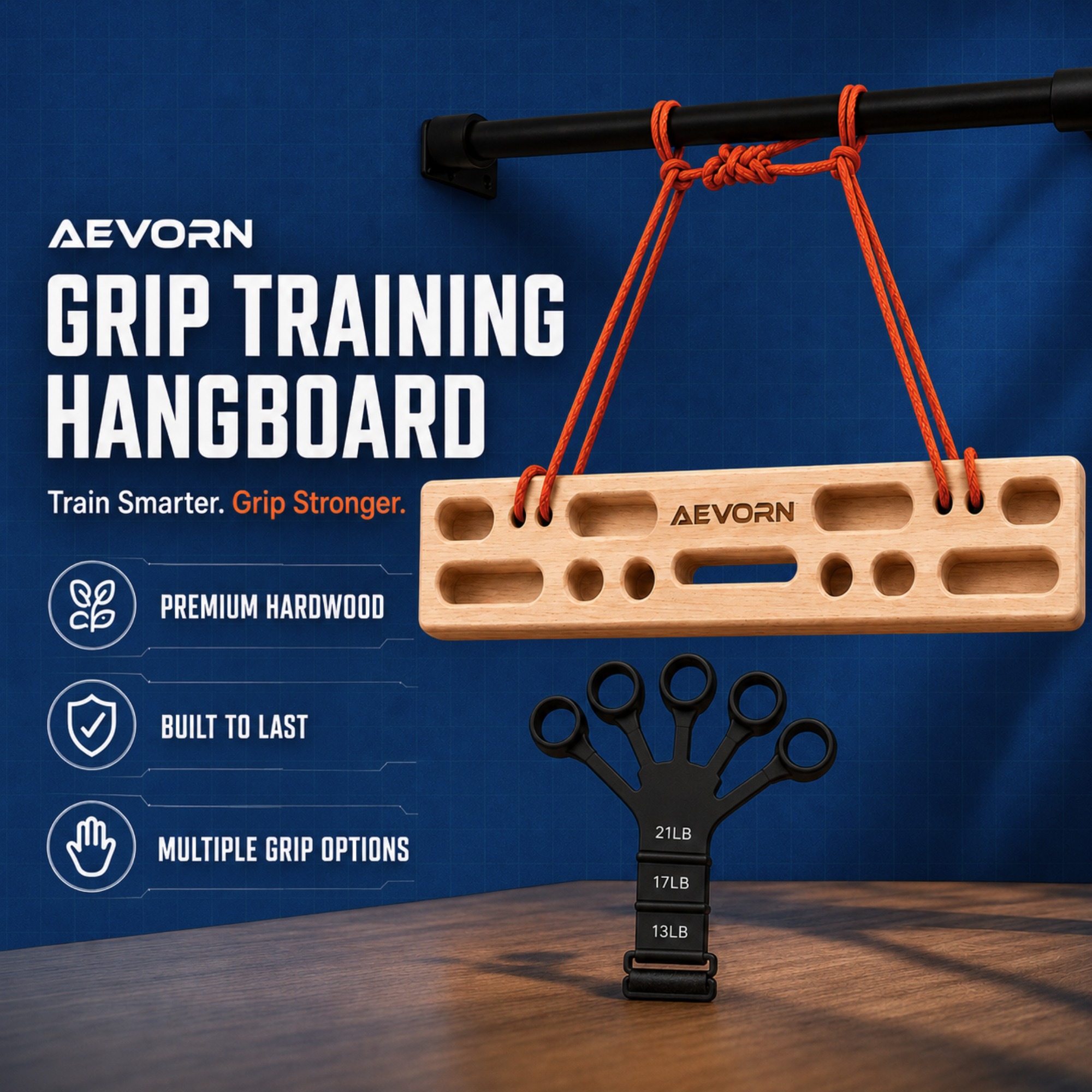 AEVORN grip training hangboard suspended by rope