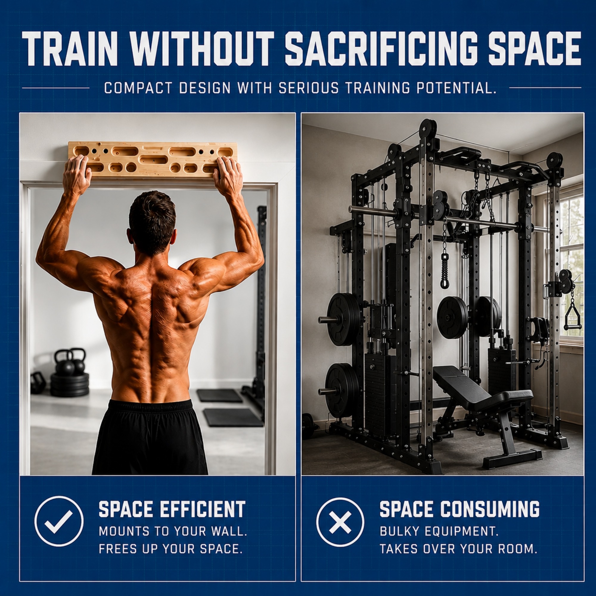 Wall-mounted hangboard shown as a space-efficient training setup