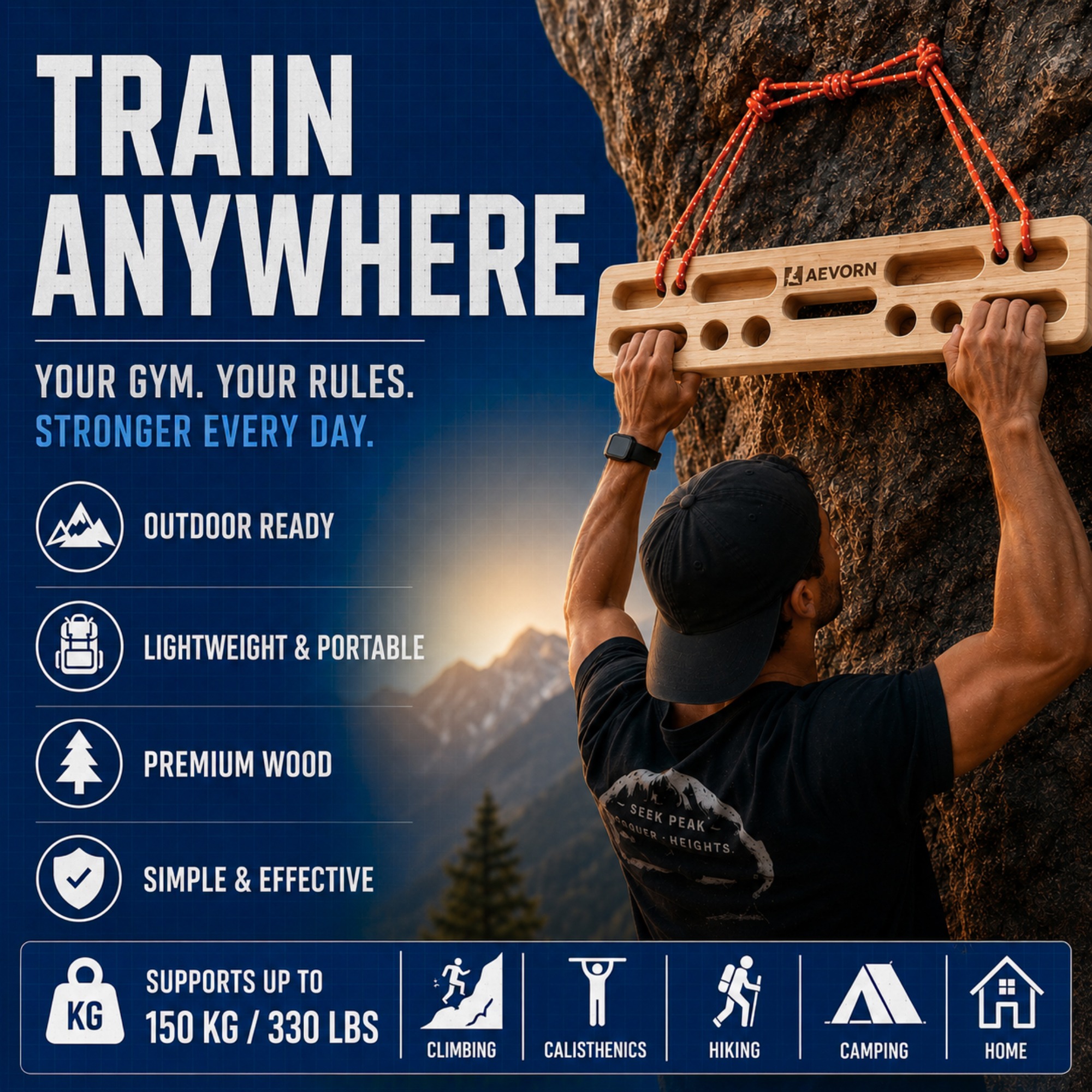 Athlete training outdoors with the AEVORN full-size hangboard